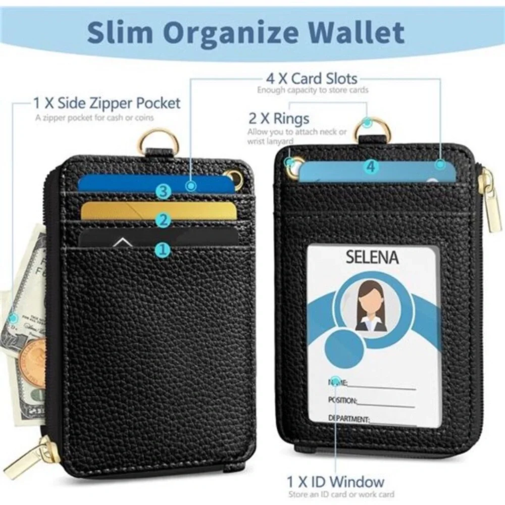 Lanyard Wallet with Id Badge Holder, Black RFID Small Keychain Wallet Women